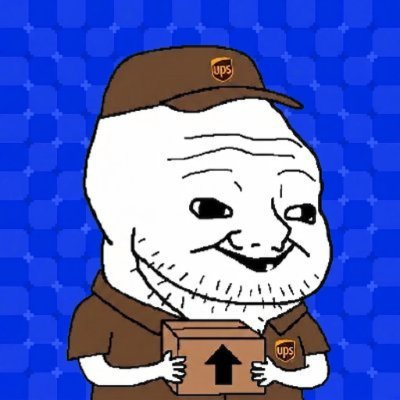 UPS wojak holding a box on a blue background