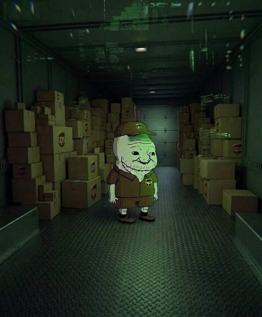 UPS wojak inside a dark box-filled delivery truck